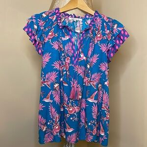 Rose & Olive floral bird pattern smocked top ruffled sleeves
Size: Small